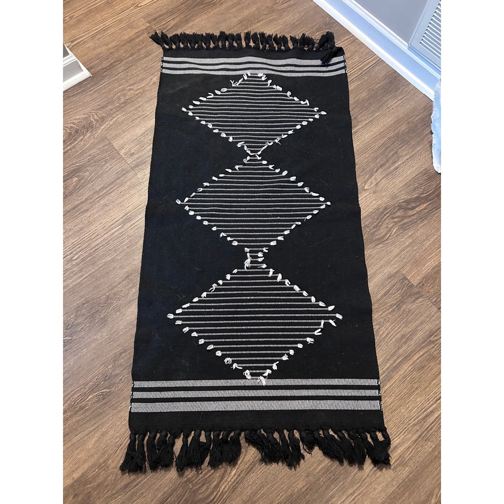 Black White Geometric Diamond Woven Runner Rug with Tassels Boho Tribal 2x5